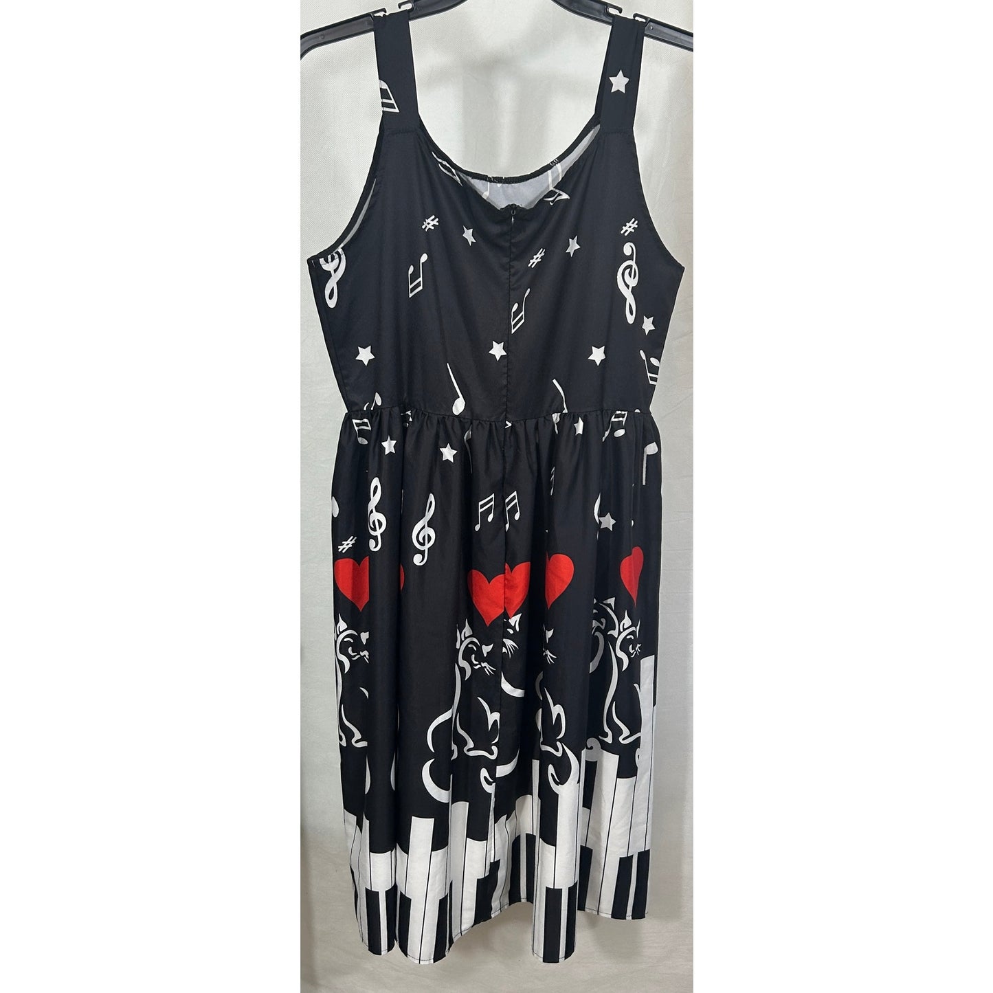 Black Midi Dress with Music Notes, Piano Keys, Cats & Hearts – 2XL