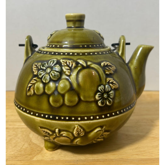 Vintage Royal Sealy Japan Green Ceramic Teapot with Fruit Motif 6.5" Tall