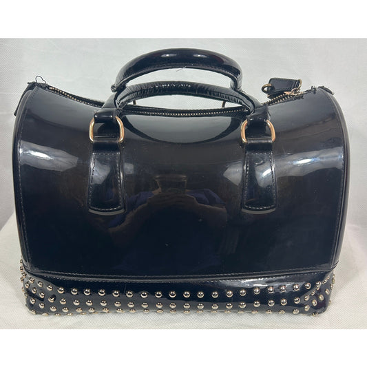 Black Patent Studded Barrel Satchel Bag with Top Handles 12″ x 9″