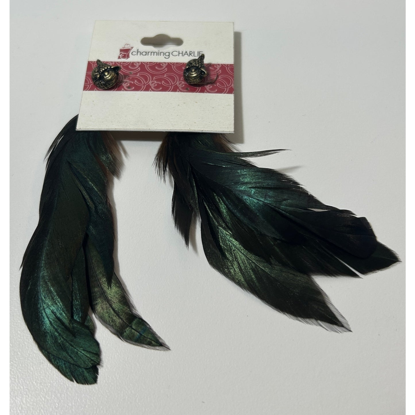 Charming Charlie Owl Stud Earrings with Long Iridescent Feather Dangles