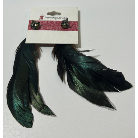 Charming Charlie Owl Stud Earrings with Long Iridescent Feather Dangles
