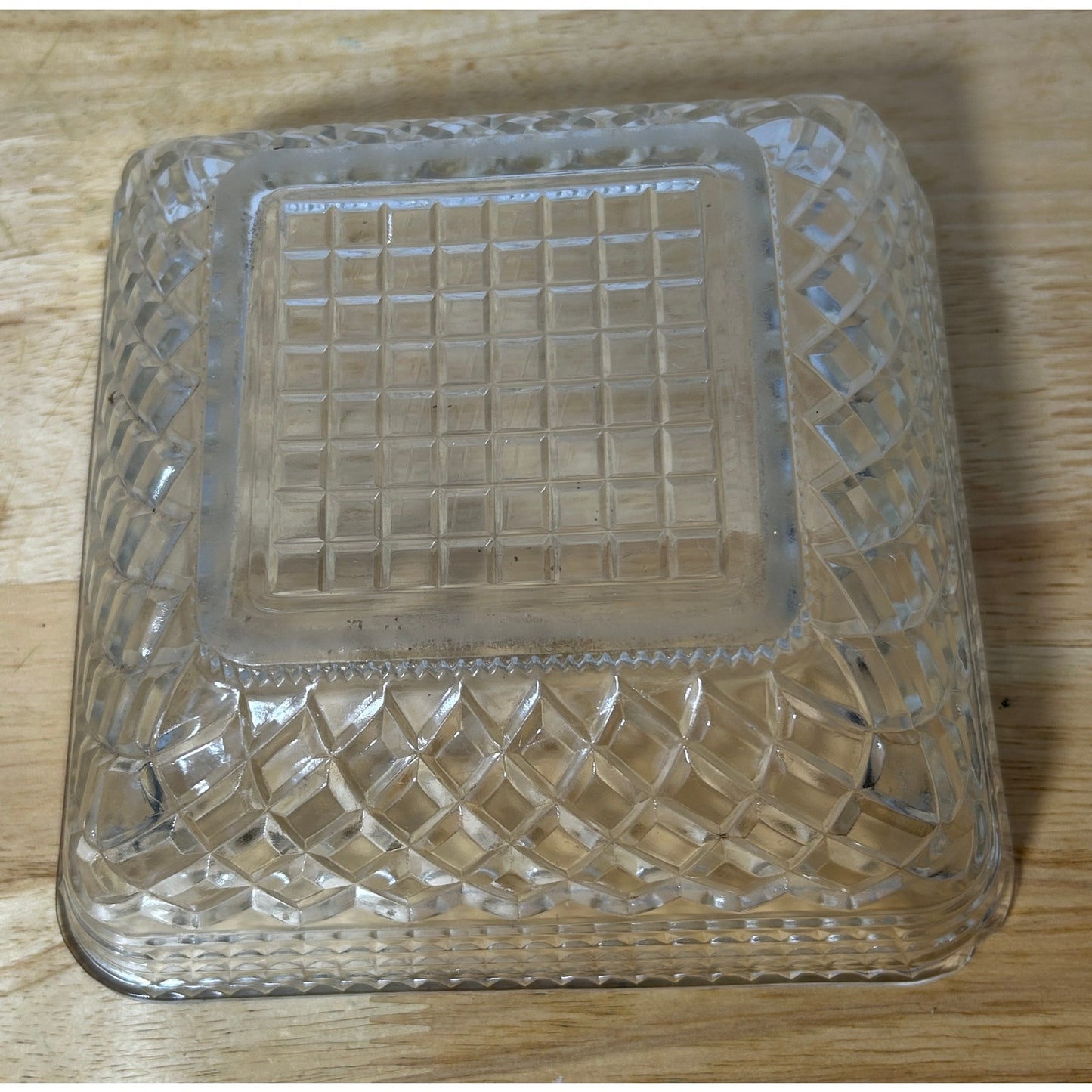 Vintage Square Pressed Glass Bowl 7¾″ Diamond Grid Pattern – Clear Trinket Dish
