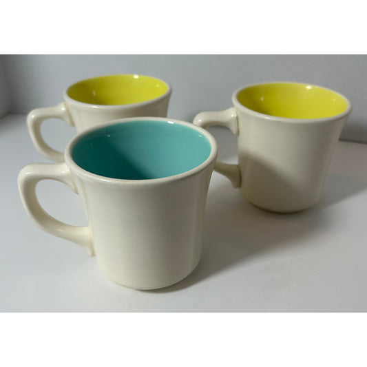 Set of 3 White Ceramic Mugs with Bright Yellow & Aqua Interiors, 3.5″