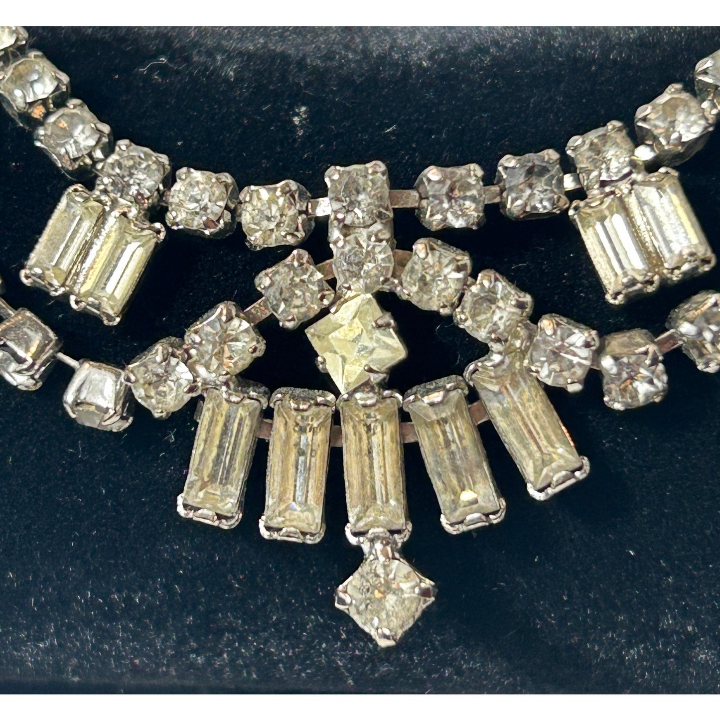Vintage Rhinestone Bib Necklace Silver Tone 15" Bridal/Evening Jewelry