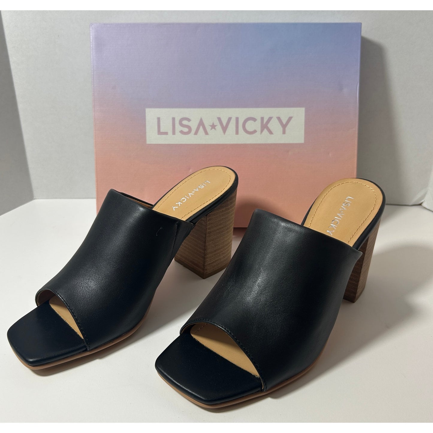 New Lisa Vicky Black Block-Heel Square-Toe Mule Heels – Size 8M, NIB