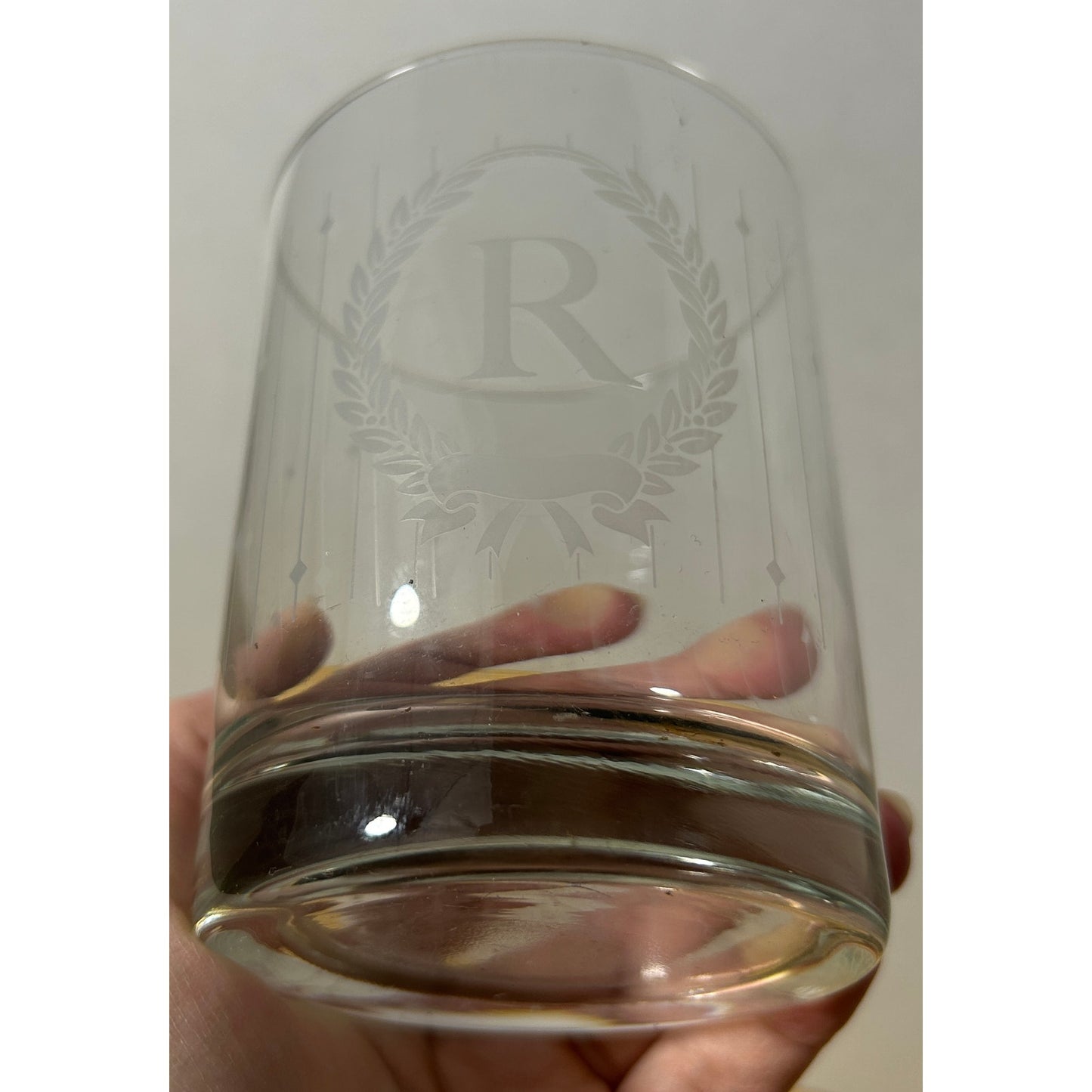 Etched R Monogram Glass Tumblers, Set of 2, 4" Tall, 3.25" Diameter