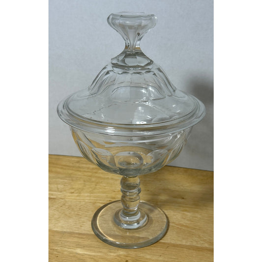 Clear Pressed Glass Covered Pedestal Compote Dish Lidded Candy Jar 10″ Tall