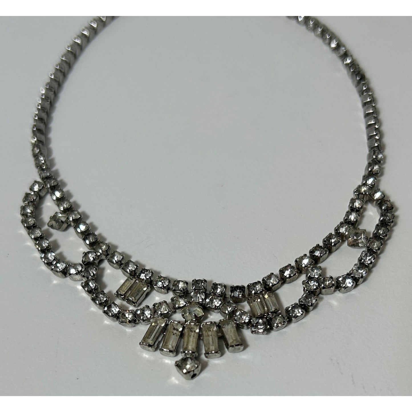Vintage Rhinestone Bib Necklace Silver Tone 15" Bridal/Evening Jewelry
