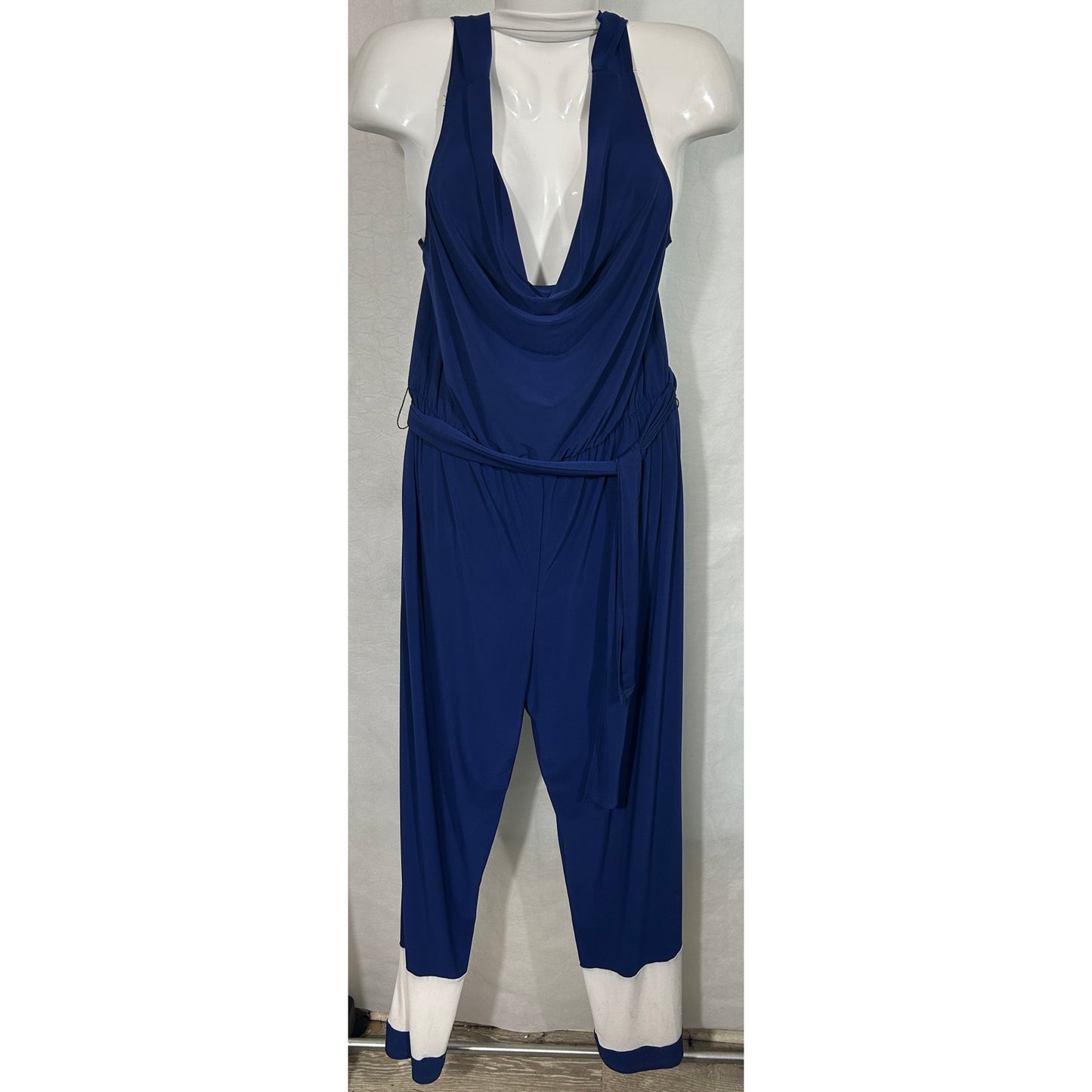 ESY Studio Blue Drape Jumpsuit XL Cowl Neck Belted Colorblock Legs USA