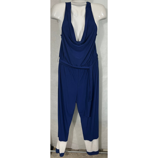 ESY Studio Blue Drape Jumpsuit XL Cowl Neck Belted Colorblock Legs USA