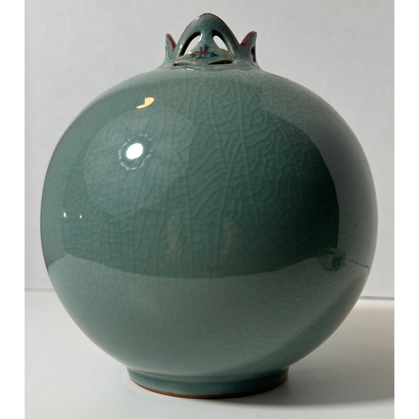 Vintage Japanese Celadon Crackle Glaze Vase with Floral Cutout Design 7"