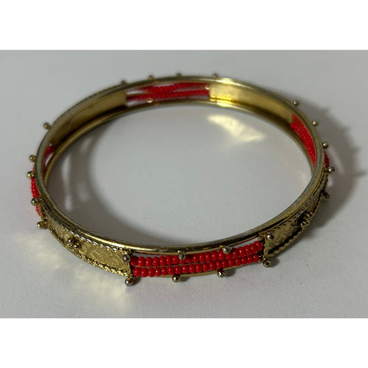 Vintage Red Beaded Gold Tone Bangle Bracelet 8" Boho Jewelry