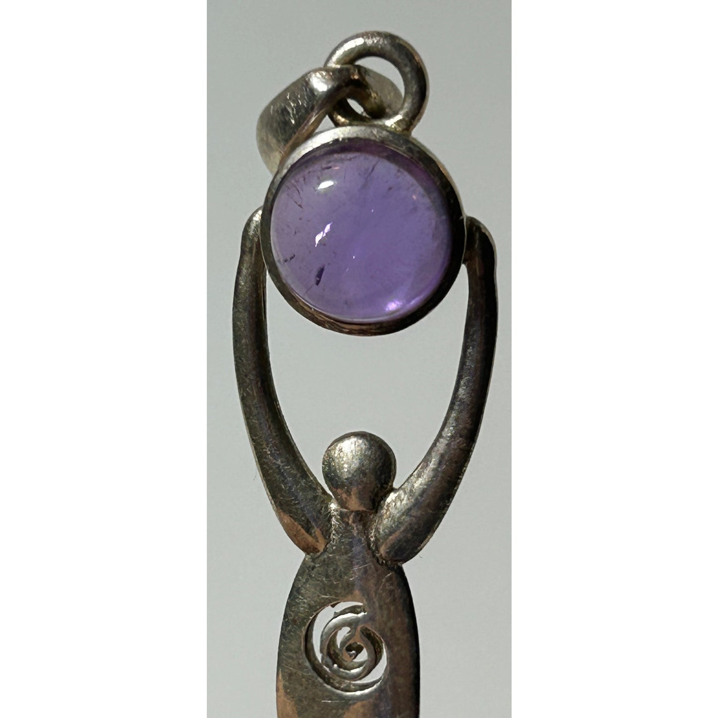 Vintage Sterling Silver Goddess Pendant with Amethyst Cabochon 2.5"