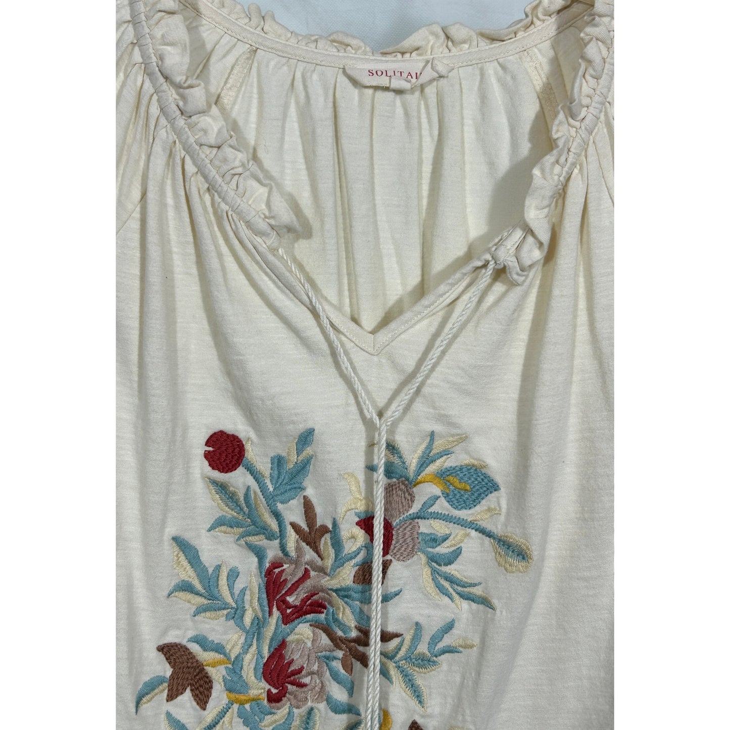 Solitaire Boho Embroidered Floral Blouse Cream Top Size S Peasant Style